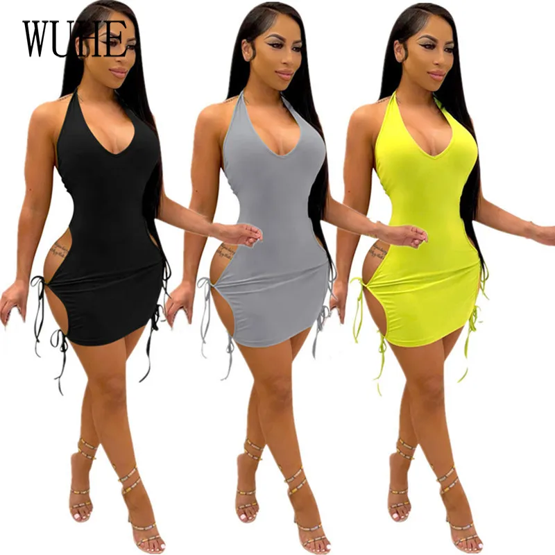 

WUHE High Elasticity Bandage Lace Up Mini Bodycon Hollow Out Halter Package Hip Off Shoulder Tight Party Nightclub Sexy Dresses