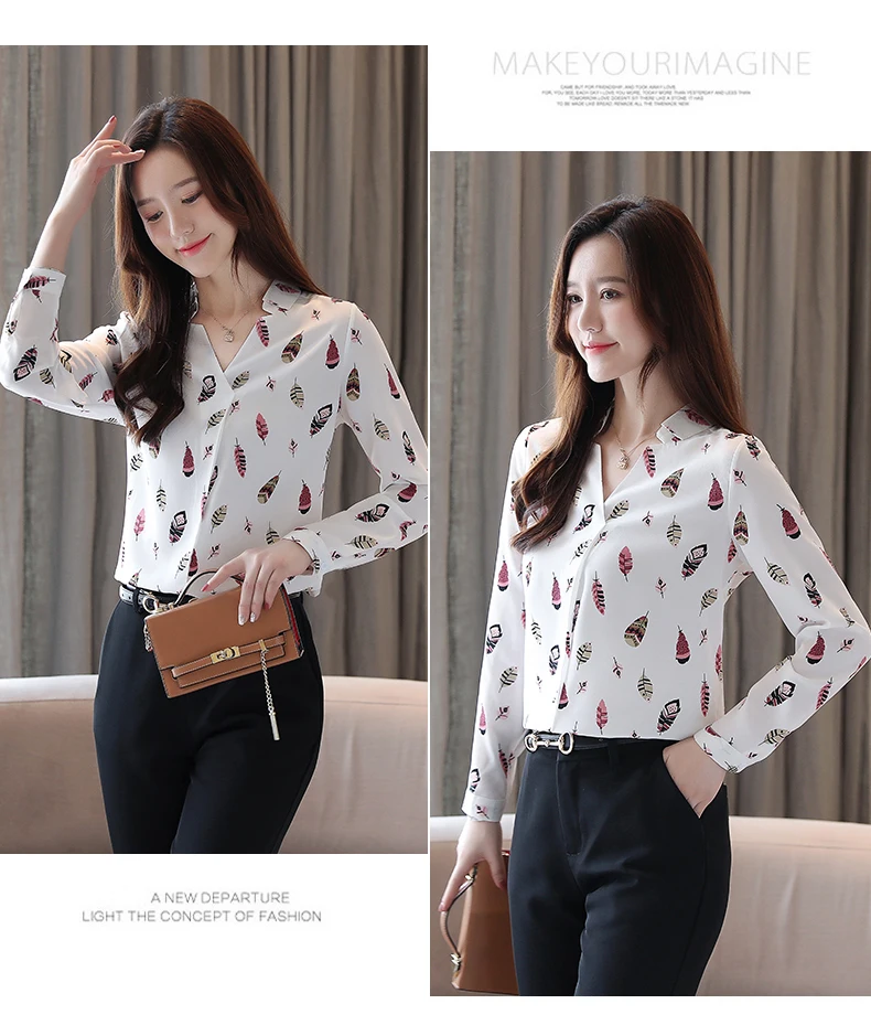 

Houthion Silk Women's Blouses Fashion Printed Shirt New Korean Long Sleeve Top Loose Casual Silk Blouse Full V-Neck Regular