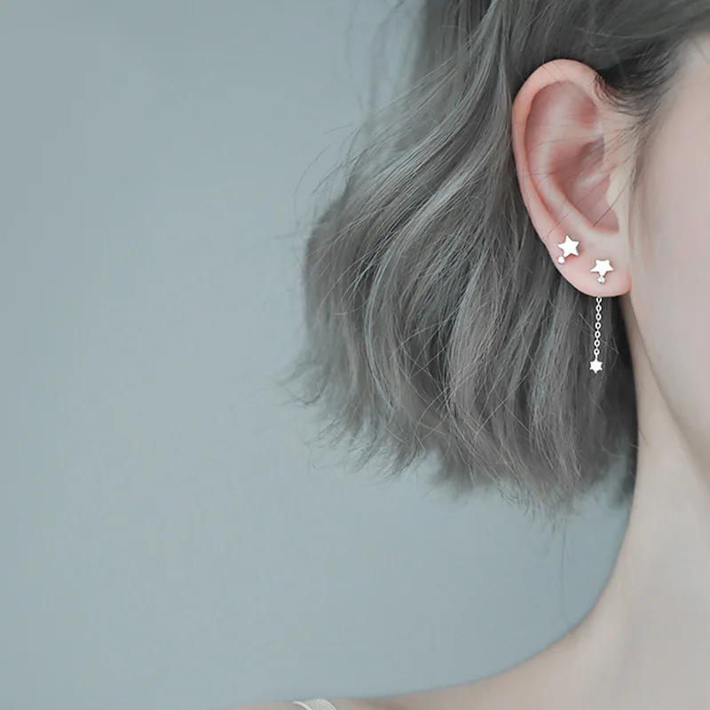 

925 Sterling Silver Asymmetry Crystal Star Stud Earrings For Women Wedding Jewelry Hypoallergenic eh281