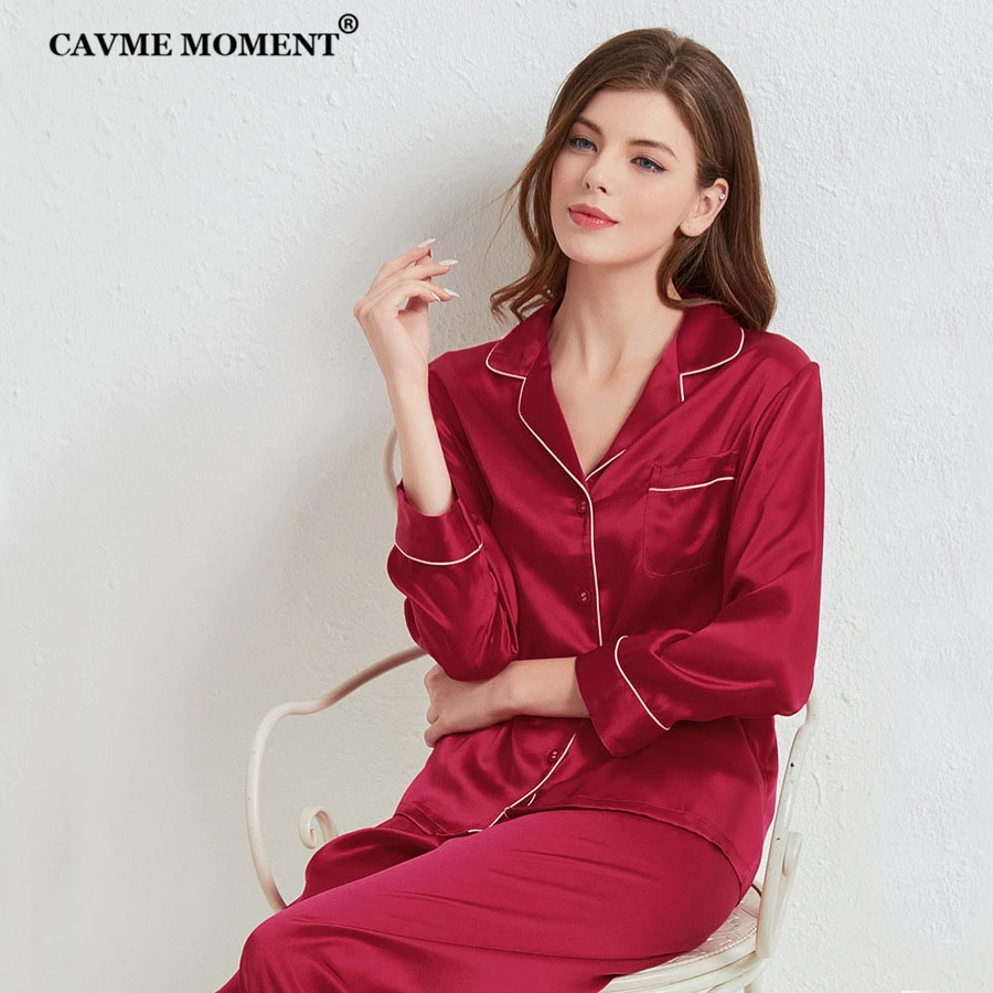 CAVME 100% Silk Pajama Sets for Women Ladies Luxury Sleepwear Solid Color Homewear 2 Pieces Full Pants PLUS SIZE