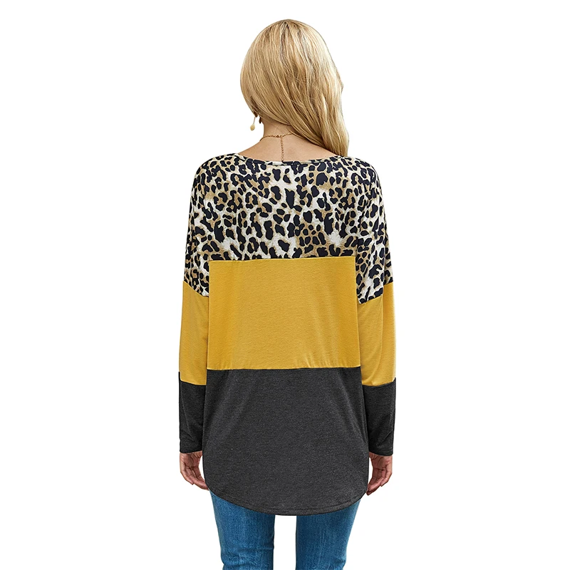 

Women Leopard Print Pullover T shirt Loose Elastic Simple Tops Blusas Fashion Pocket Long Sleeves Casual Wear All-match Clothing