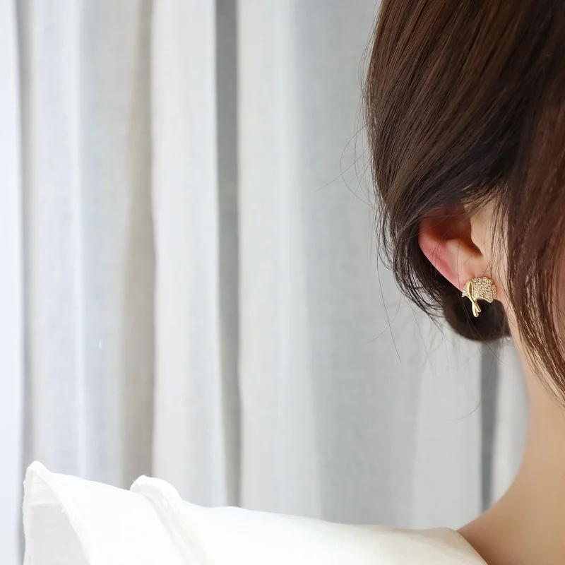 

14k Real Gold Filled Ginkgo Biloba Women Earring Cubic Zirconia Charm Bling Crystal Stud Earrings Wedding Jewelry Accessories