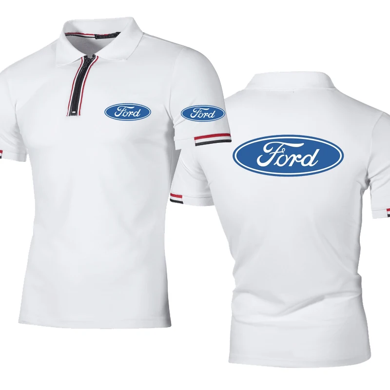 

Рубашка-поло мужская однотонная в полоску, хлопок, принт логотипа автомобиля Ford, повседневная, летняя