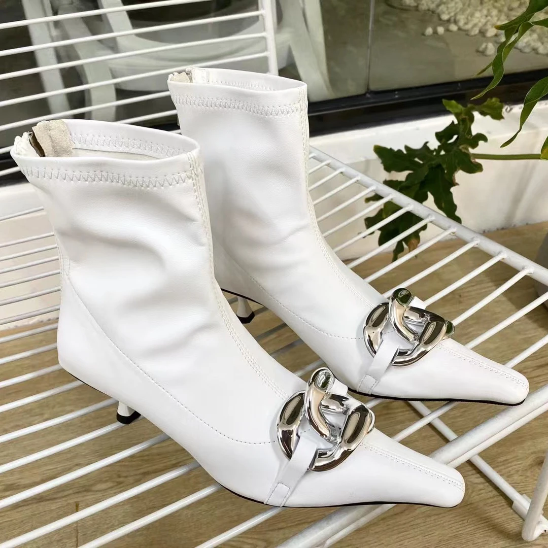 

Fashion Women Ankle Boots Pointed Toe Black/White Sock Booties Stretch Shoes Metal Chain Back Zipper Thin High Heels Autumn Shoe