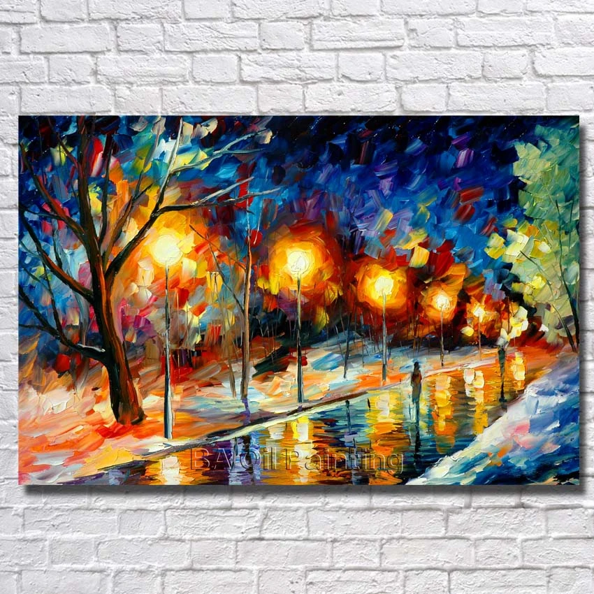 

No Framed Hand Painted Picture Handpainted Modern Art Beautiful Street Light Landscape Palette Knife Oil Painting On Canvas Art