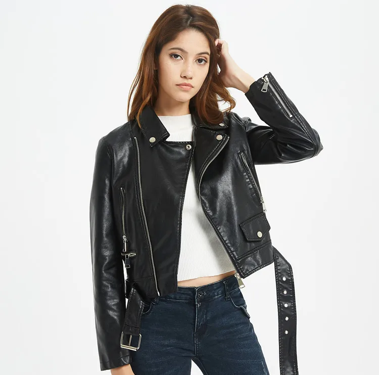 Autumn Winter Belt Zipper Basic Leather Jacket Pu Coat Motorcycle Biker Jacket Women Outwear Black Red Slim Short Winter Jacket