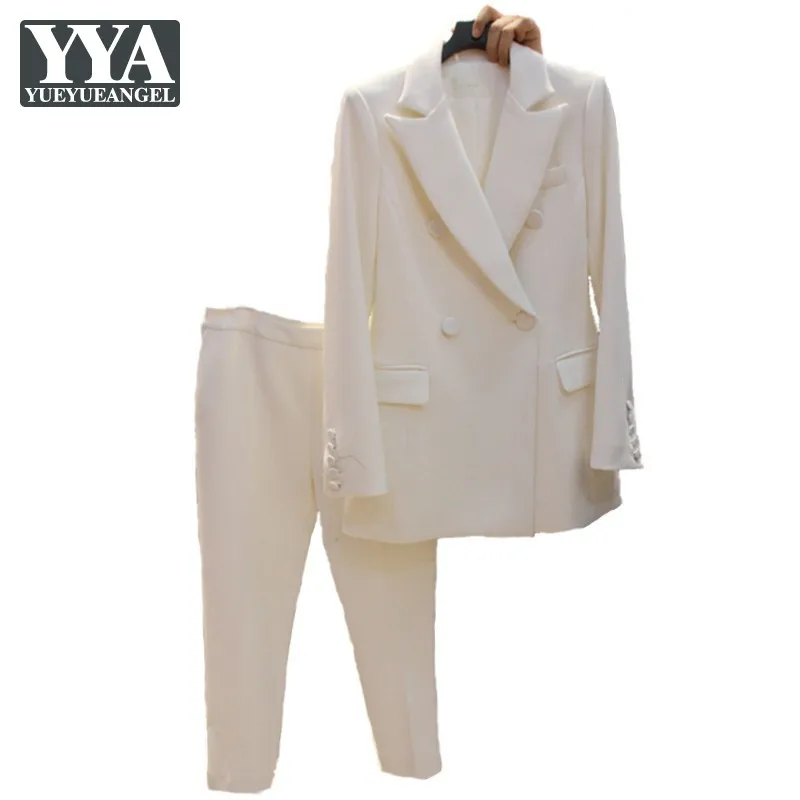 

Female Double Breasted Blazer Ankle Length Suit Pants Office Ladies Elegant Formal Black White Classic Suits Matching Set Outfit