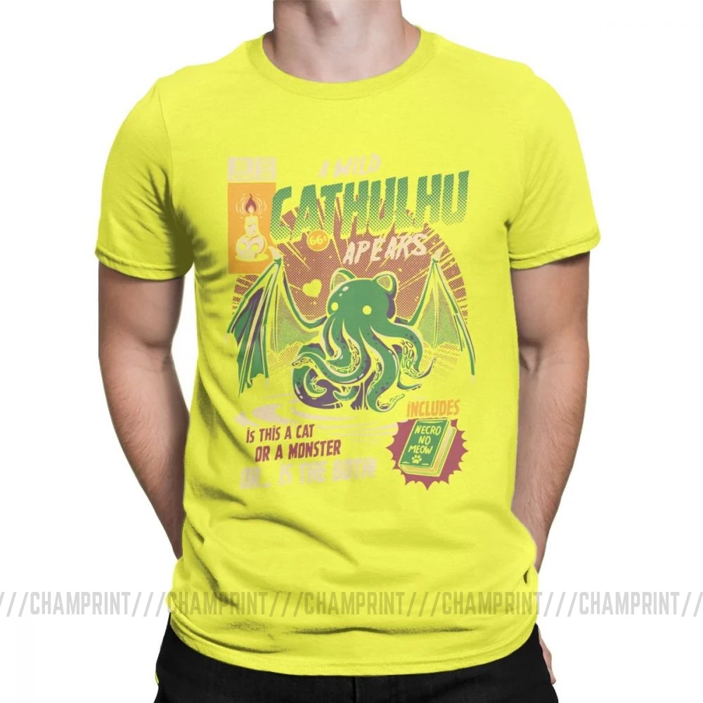 A Wild Cthulhu, футболки для мужчин, чистый хлопок, Повседневная футболка, кот, монстр, череп, Мультяшные топы, Милые Забавные футболки, Новое поступление - Цвет: Цвет: желтый