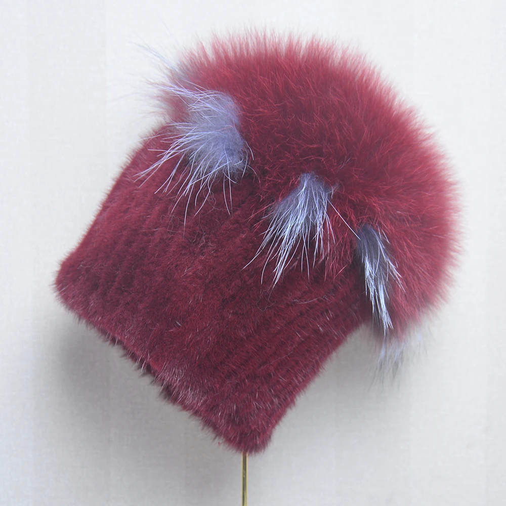 

Hot Sale Fashion Winter Warm Women Knit Caps Natural Mink Hats With FOX Fur Vertical Woven Top Lady Real Mink Fur Beanies Cap