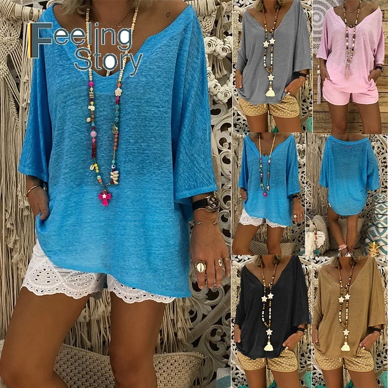 Глубокий V шеи 5X плюс Размеры Boho женские синие топы и блузки элегантный основной