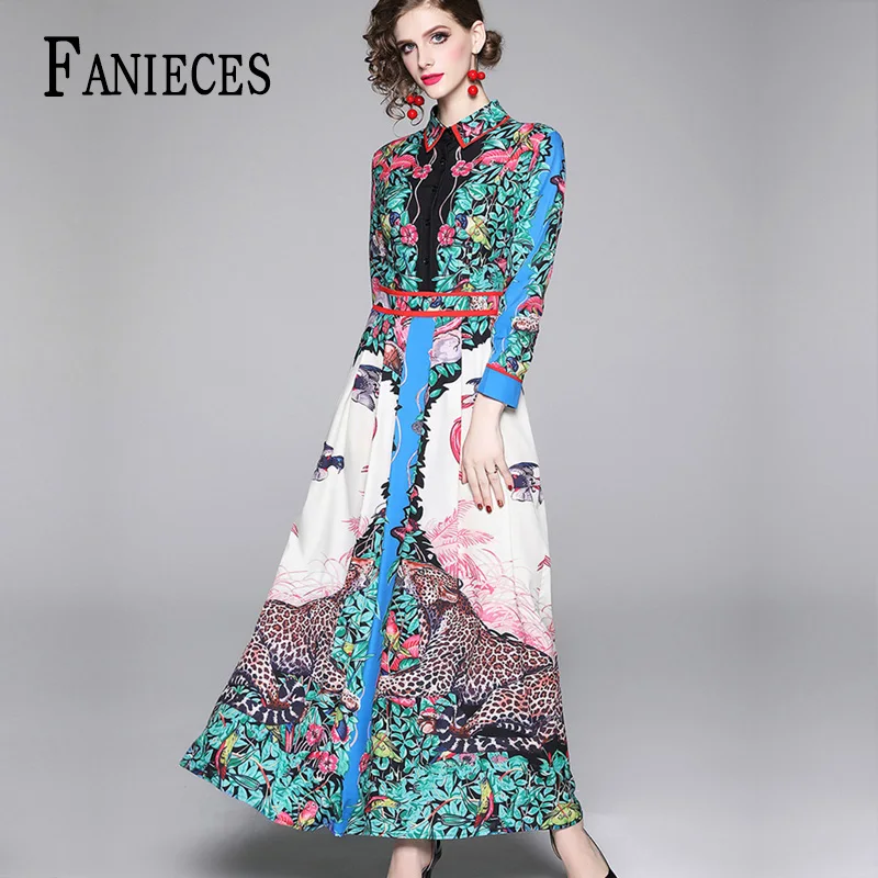 

Женское модельное дизайнерское платье-трапеция макси, элегантное праздничное платье для отпуска с цветочным принтом и длинным воротником, ...