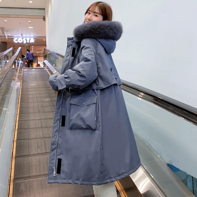 

Fitaylor New Women Winter Long Parka Warm Thick Casual Cotton Hooded Jacket Large Faux Fur Collar Loose Sash Tie Up Outerwear
