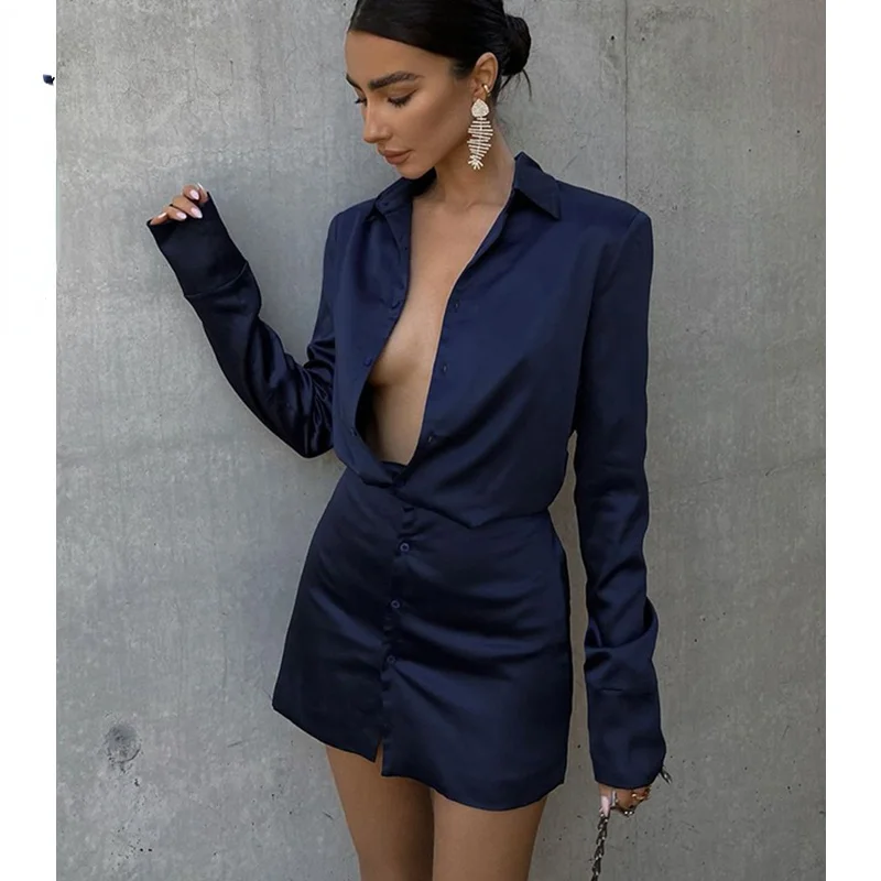 

Модное женское вечернее платье, осеннее платье-рубашка, элегантные Соблазнительные атласные мини-платья, женское однобортное уличное плат...