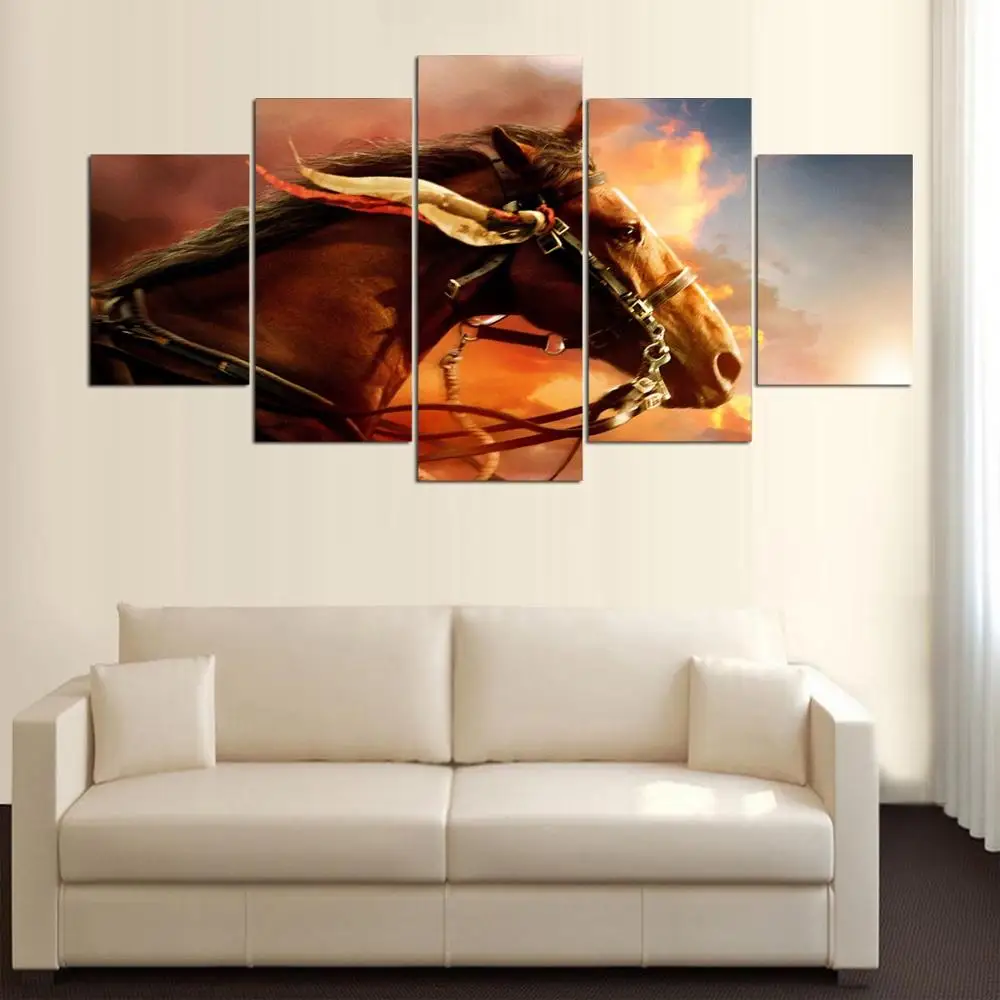 Декоративные картины винтажные 5 панелей животные лошади домашний декор на