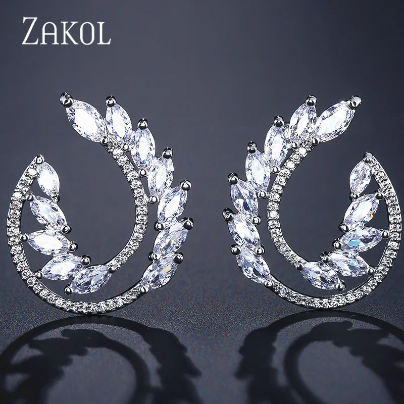 Модные синие серьги-гвоздики с фианитами и кристаллами ZAKOL для женщин, модные свадебные украшения в виде листьев FSEP2149