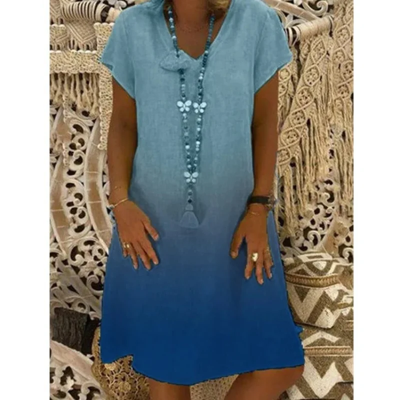 

Summer Hot Sale Solid Colour Gradient Print Loose A-line Ladies Mid-length Dress Summer Short-sleeved Knit Casual Women Dresses