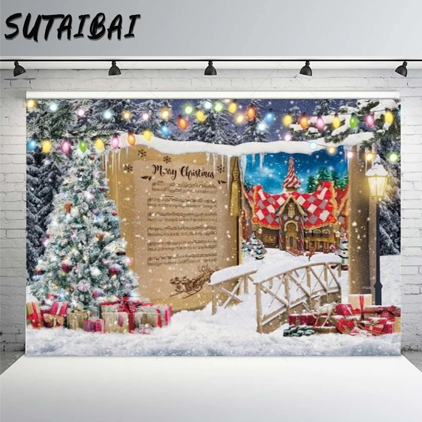 

Merry Christmas Party Background Winter Snow Scenery Story Book Backdrop Gingerbread House Lights Forest Xmas Trees Gifts Banner