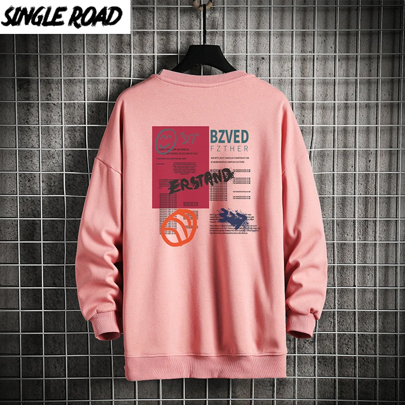 

Single Road Crewneck Sweatshirt Men Women 2022 Spring Graphic Oversized Sweatshirts Japanese Streetwear Hip Hop Pink Hoodie Men