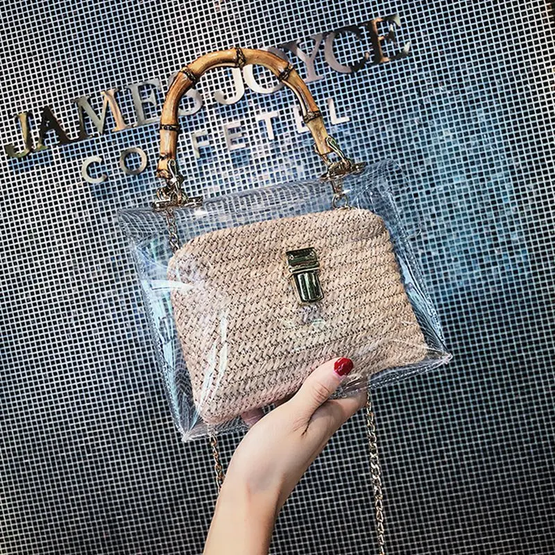 Прозрачная женская сумка с бамбуковой ручкой летняя маленькая Соломенная