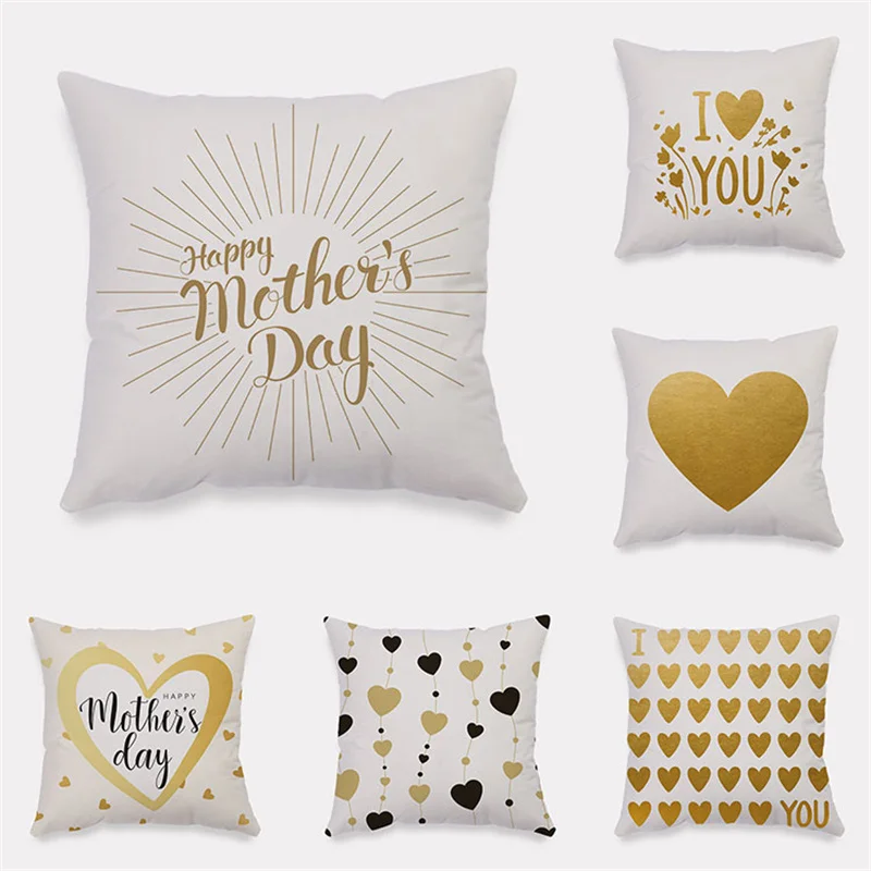 

Gold Mother's Day Plush Cushion Cover Love Heart Throw Pillow Cover Decorative Home Room Sofa Accessories Cojines