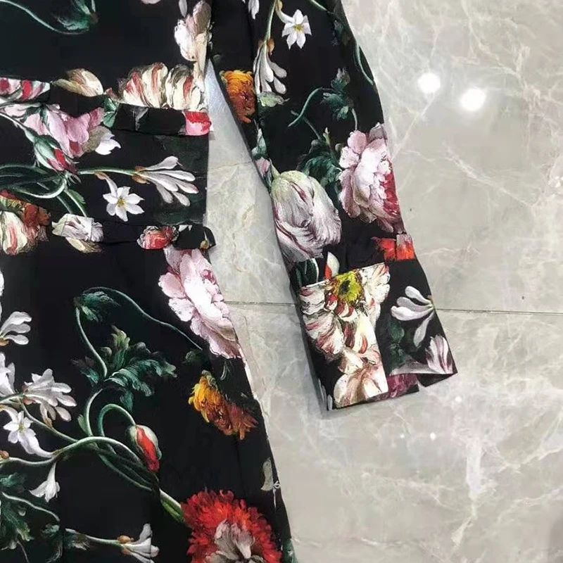 VERDEJULIAY European Vintage Trumpet Dresses Women Ruffles Edge 2020 Spring Runway Floral Print 100% Pure Silk Mid-Calf Dress | Женская