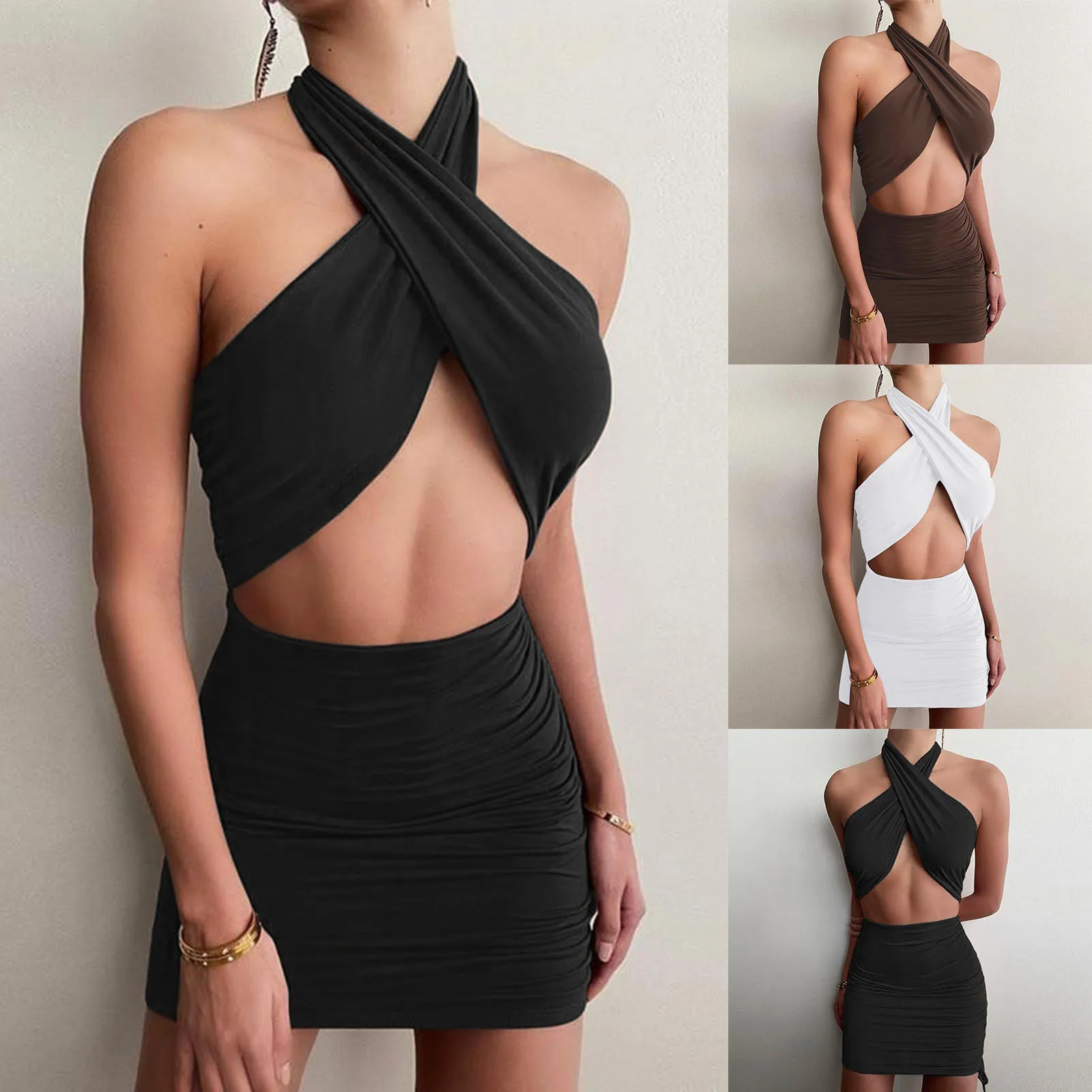 

Club Wild Contrast Hollow Out Woman Dresses Summer Sexy Bodycon Patchwork Streetwear Casual Low-cut Halter Beach Slim Hip Dress