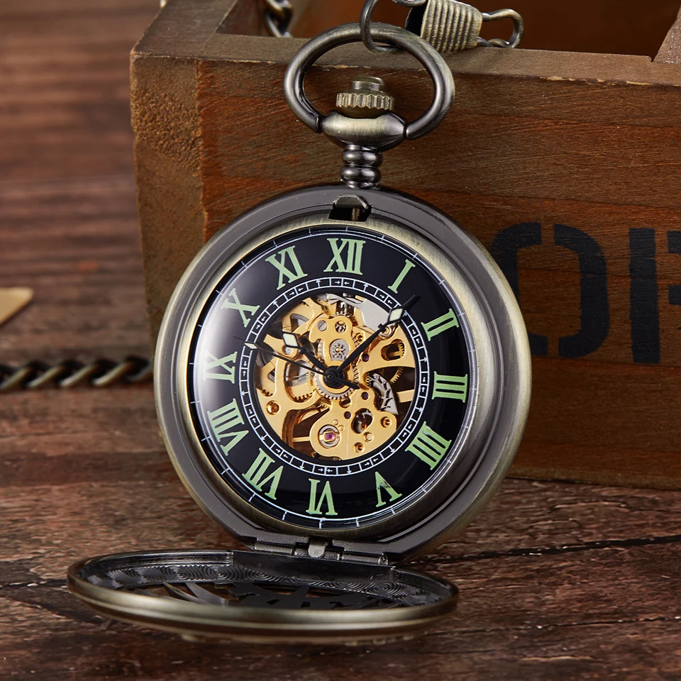 Retro Bronze Gold Mechanical Pocket Watch Vintage Hollow Gear Engraved Pocket Watches Fob Chain Necklace Flip Hand Winding Clock