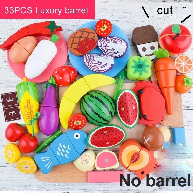 Cute Wooden Cutting Fruit Vegetable Pretend Play Toy Set Kit