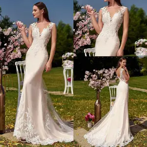 2020 Wedding Dresses O-Neck Sleeveless Lace Appliques Beads Bridal Gowns Sexy Backless Sweep Train Mermaid Wedding Dress