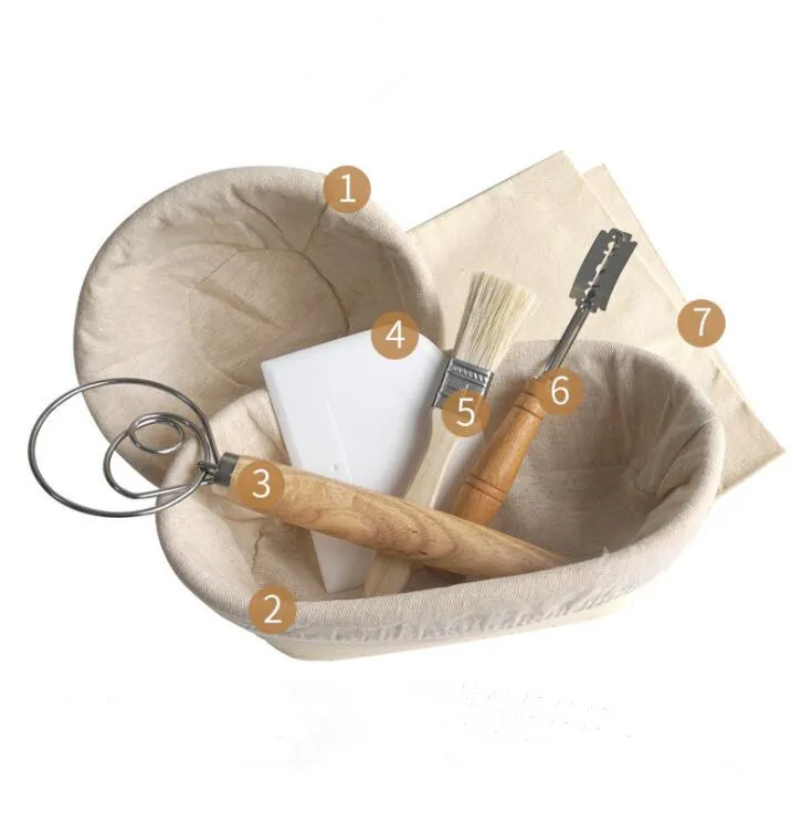 

7PCS Oval & Round Fermentation Proofing Rattan Basket Dough Bread with Arc Curved Knife Scraper Brush Danish Whisk Linen
