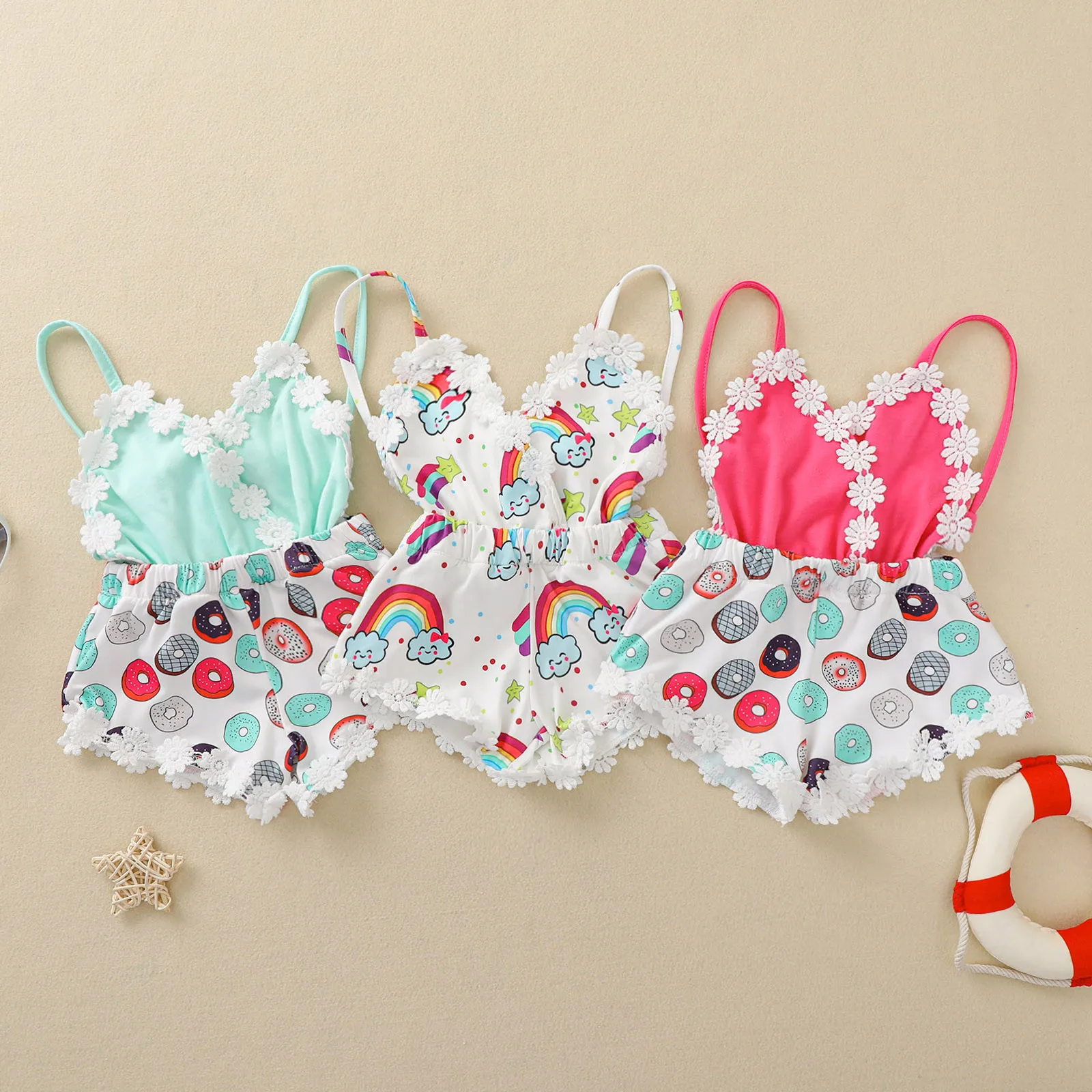 

Летний комбинезон для маленьких девочек от 1 до 3 лет, комбинезон на бретелях с оборками и цветочным принтом и открытой спиной, Детские наряд...