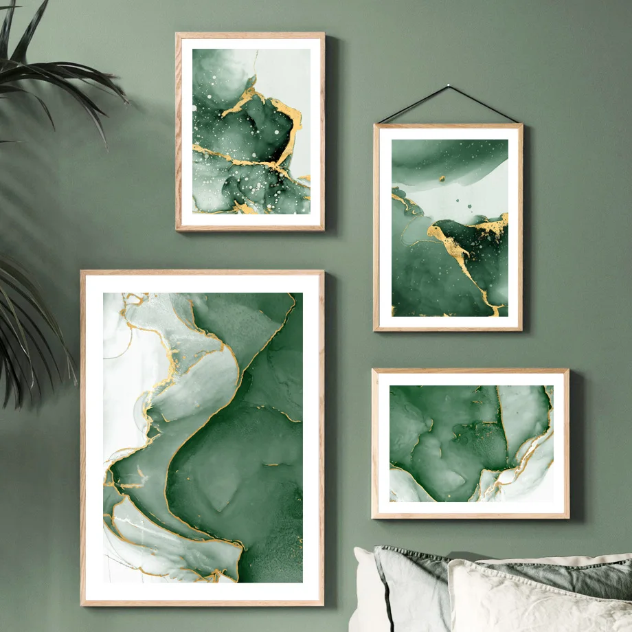 

Green Golden Texture Watercolor Nordic Posters And Prints Abstract Fluid Art Canvas Painting Wall Pictures For Living Room Decor