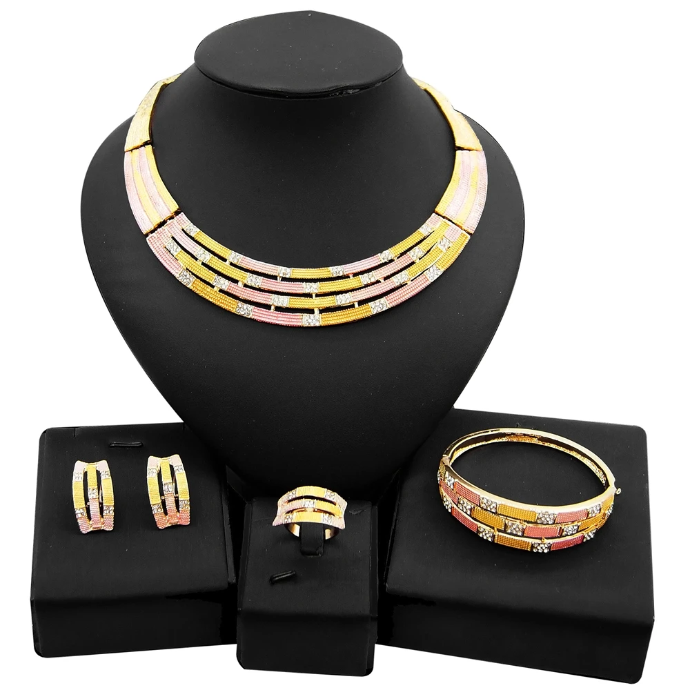 

Yulaili New Fashion Africa Beads Jewelry Sets Bridal Dubai Gold Crystal Necklace Stud Earrings 4pcs Nigeria Wedding Accessories