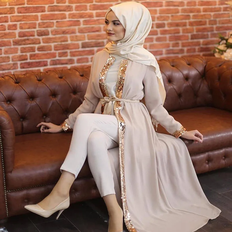 

Мусульманское платье Дубай Abaya, женское кимоно с блестками и отделкой для женщин, мусульманское платье, умеренный ИД Мубарак, Марокканский А...