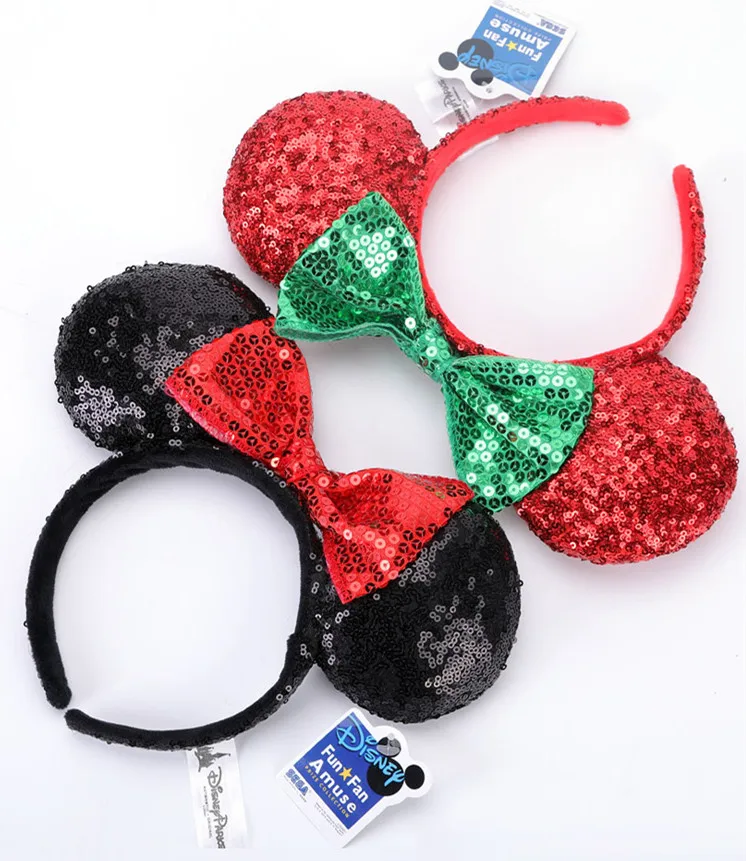 

New Disney Mickey Mouse Ears Headband Space mountain Lunar New Year Minnie Bow Pink Sequins Cartoon Anime Headdress Headband Gif