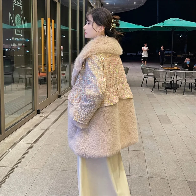 High-Quality 2022 New Ladies Temperament Coat Mid-Length Loose Sequined Coat Office Femme Winter Faux Fur Outwear Thicken Mujer