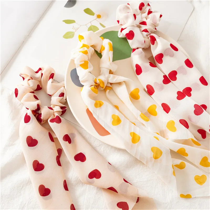 

1 Piece Sweet Heart Pattern Long Hair Ribbons For Women Girls Large Intestine Ring Tie Hair Ponytail Ornaments 5 Colors