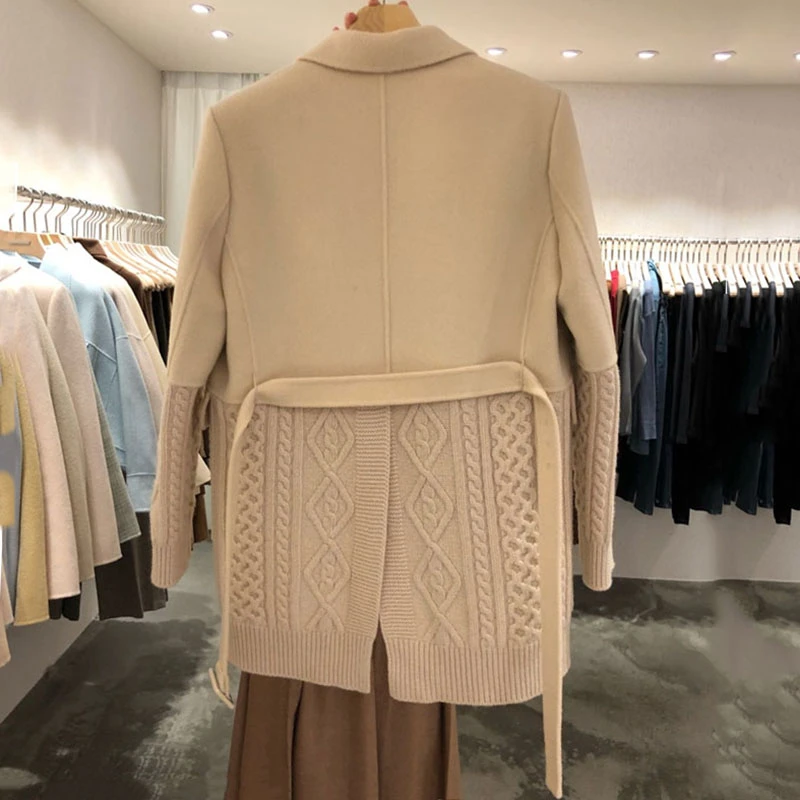 

SeeBeautiful Loose Knitted Stitching Blazer Coat Notched Collar Long Sleeve Belt Lace Up New Fashion Spring 2021 Women M163