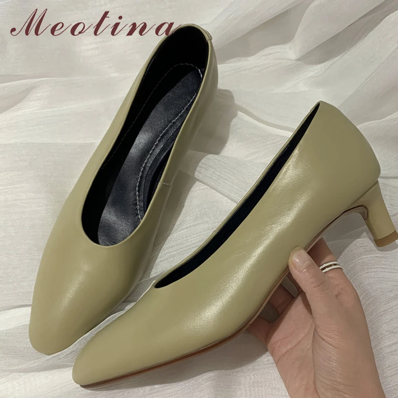 

Meotina Natural Genuine Leather Thin Med Heel Shoes Glove Shoes Women Round Toe Footwear Casual Shallow Shoes Ladies Spring 40