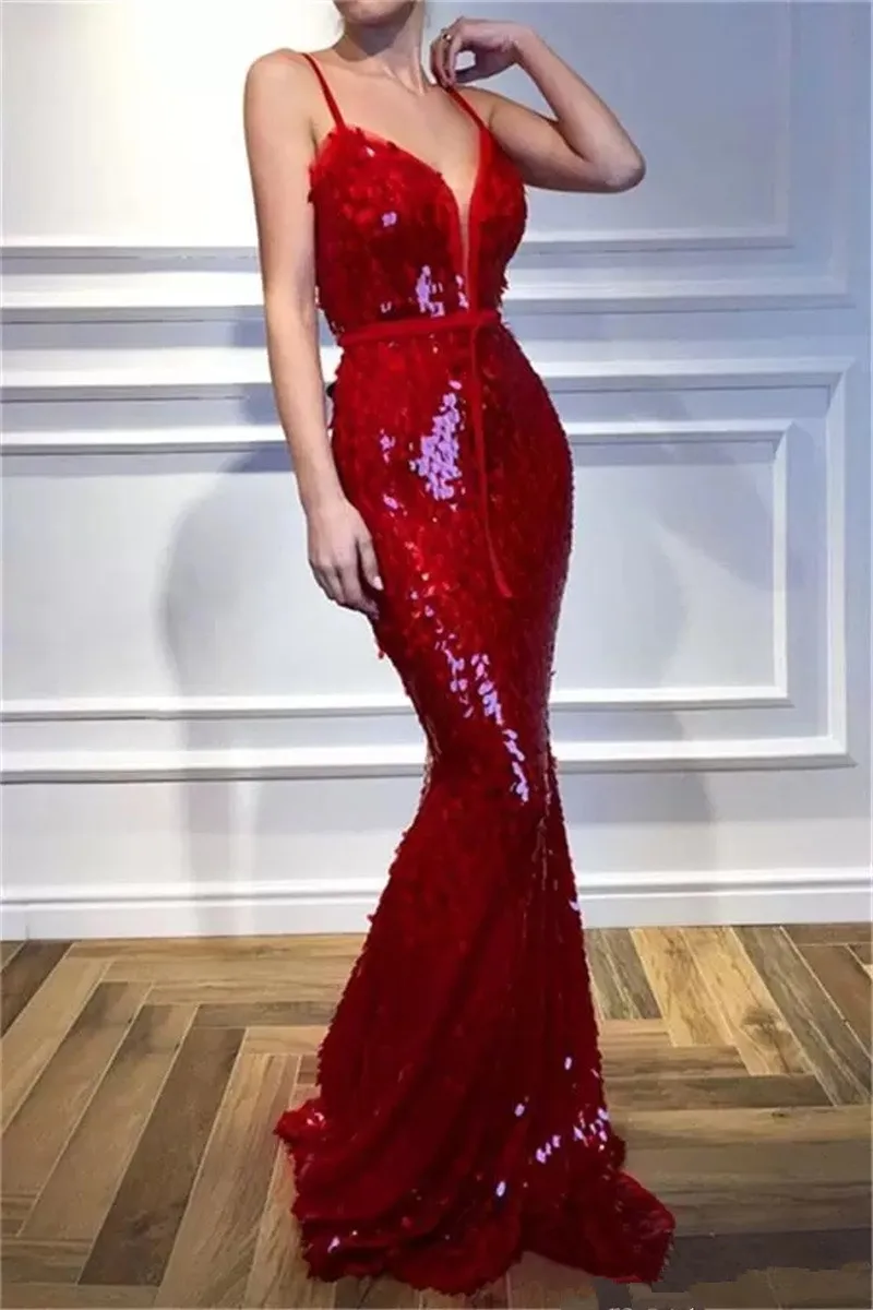 

Sparkly Red Sequined Prom Dresses Formal Sexy Mermaid Spaghetti Strap With Sash Long Formal Pageant Evening Gown Robe De Soiree