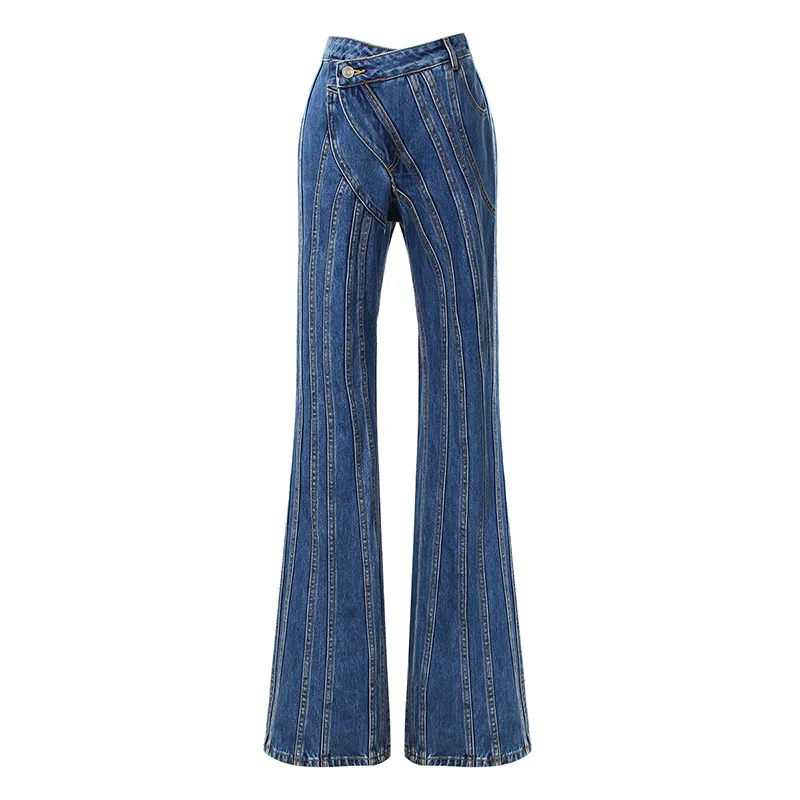 

High street women's clothing personality asymmetrical oblique waist placket multi-line split patchwork structure tailored jeans