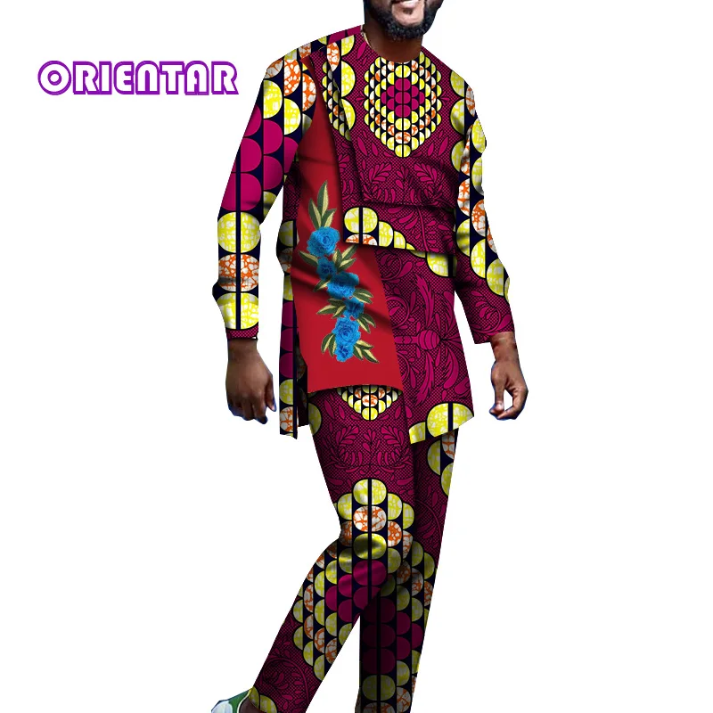 

2 Pieces Set for Men African Clothes African Suits Set African Print Dashiki Shirt with Appliques Men African Pants Set WYN1214