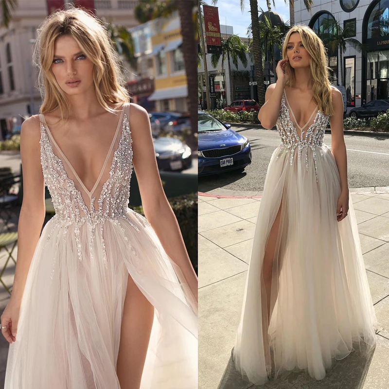 

On Sale Sexy Side Split Bridal Wedding Dresses Sleeveless Plunge V Neckline Beading Top Wedding Gowns for Bride Floor Length