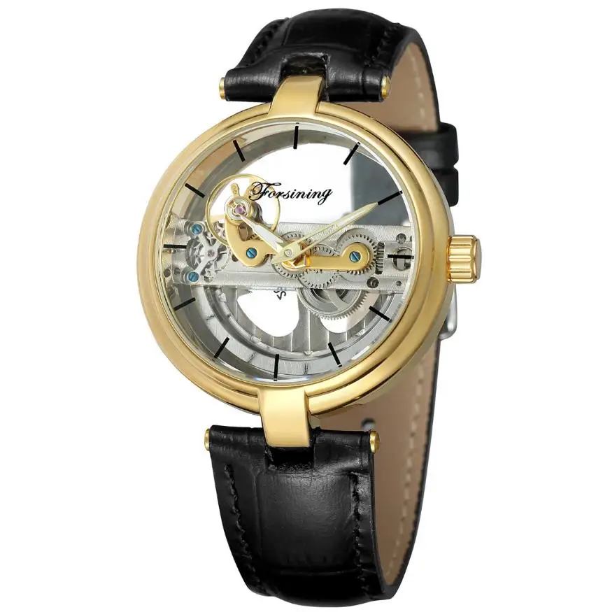 Ультратонкие серебряные автоматические механические мужские часы Tourbillon из натуральной кожи ремешок прозрачный циферблат спортивные часы мужские Relojes - Цвет: black gold