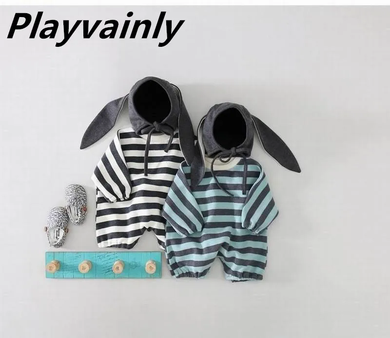 

Baby Romper Boy Girl Stripe Loose Long Sleeve Cotton Romper with Bunny Ears Cap Newborn Baby Clothes 0-3Y E20362