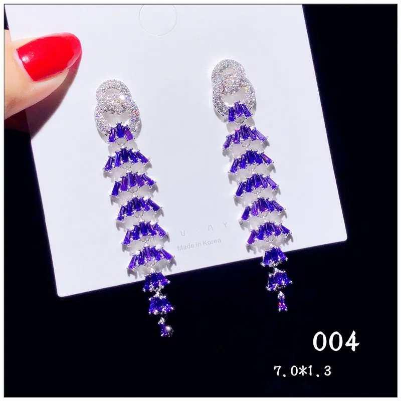 Серьги-капли для женщин, трендовые Твердые S925 Серебряные Роскошные фиолетовые с кубическим цирконием длинные кисточки, хорошее ювелирное изделие, темперамент, бижутерия - Цвет камня: 004