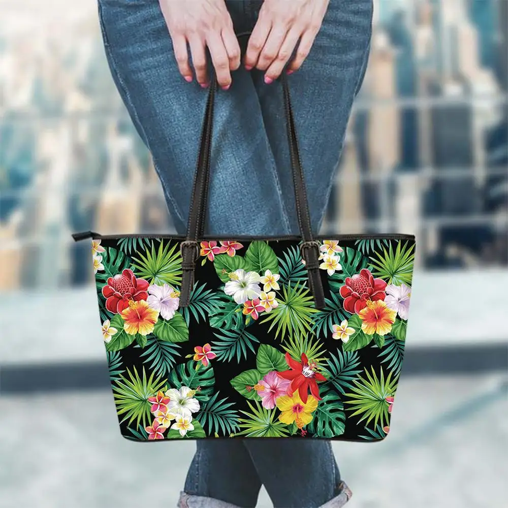 

FORUDESIGNS 2019 Fashion PU Handbag Women's Hibiscus Hawaiian Flower Tropical Print Shoulder Bag Female Storage Bag Shopper Bags