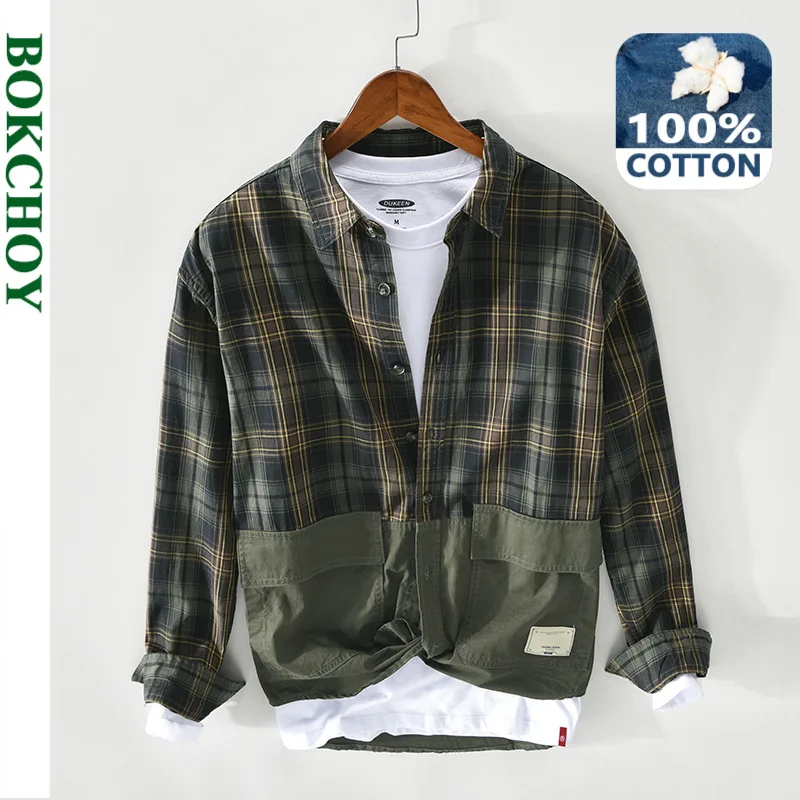 

2021 Spring Summer New Men Patch Work Plaid Shirt Pure Cotton Long Sleeve Button Up Vintage Green Fashion Trend GML04-Z136