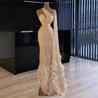 illusion sequin mermaid party dress with feather hot sexy beading formal prom dresses longue robes customized de soiree gowns
