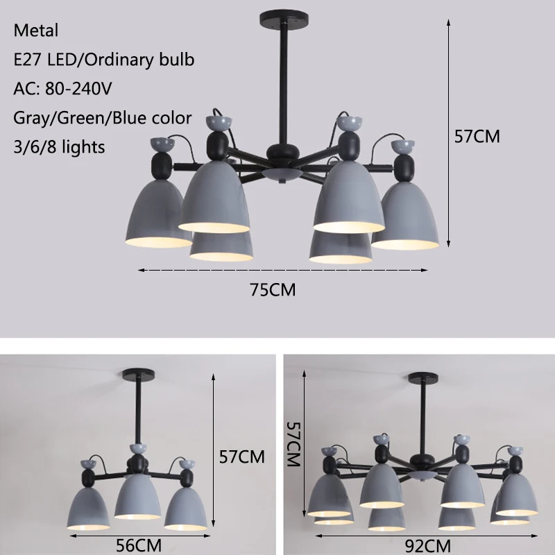 Candelabro de metal minimalista moderno E27 led, color gris y verde, universal, para cocina, sala de estar, dormitorio, estudio